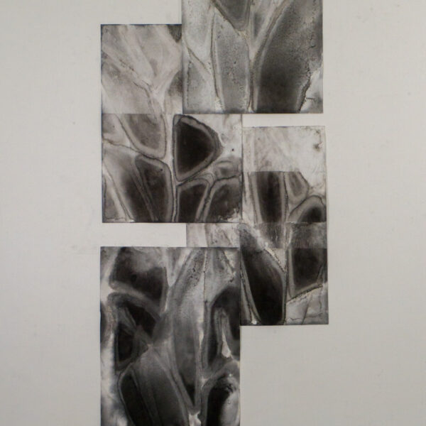 Suezo, absent presence, 2024, china ink on 4 overlapping paper sheets, 129,5 x 55,5 cm
