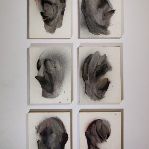 Suezo, Untitled, 2018, ink , spray paint and oil on paper laid down on canvas, 39 x 29 x 4 cm (x6)